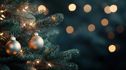 Close-up of Christmas tree ornaments with twinkling lights
