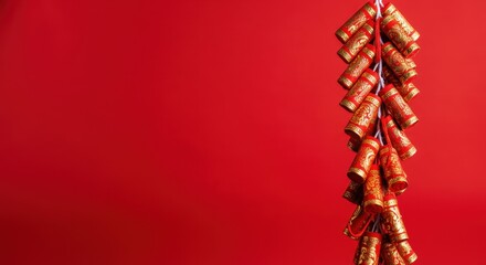 Red decorative hanging firecrackers on red background