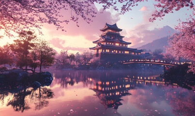 Obraz premium Serene landscape featuring a traditional pagoda surrounded by cherry blossoms at sunset.