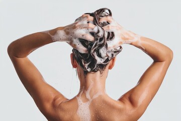 Rear view of a woman washing her hair with shampoo, hands covered in lather