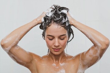 Woman washing her hair with shampoo, arms raised, and lather visible