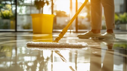 Mopping gleaming floors in sunlight with attentive care and professional skill in a modern environment