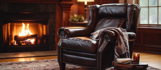 Classic leather recliner, rich chocolate brown, cozy fireplace setting 