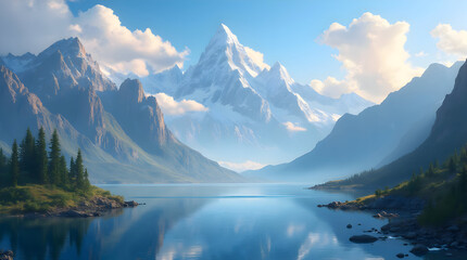 Fototapeta premium Breathtaking Mountain Landscape Reflected in a Serene Lake Under a Blue Sky