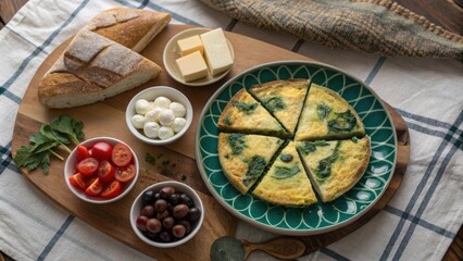 Fototapeta premium A round table features a rustic cloth with a patchwork design. At the center a platter showcases a fluffy omelet filled with spinach and cheese into wedges displaying its vibrant