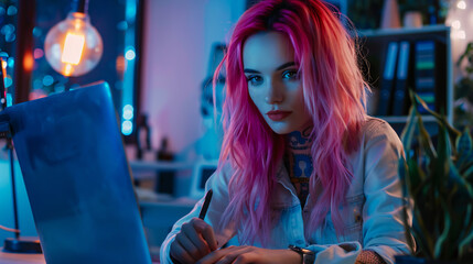 Fototapeta premium Pierced businesswoman with pink hair holding a pen and looking at a laptop near a computer monitor.