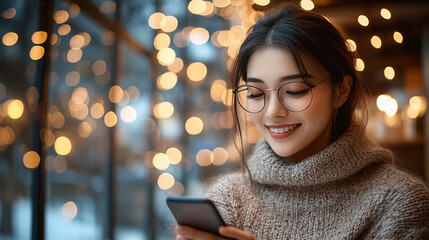 beautiful woman immersed in her phone, blurring out the surroundings, representing modern connection, digital engagement, and the evolving role of technology in our daily lives