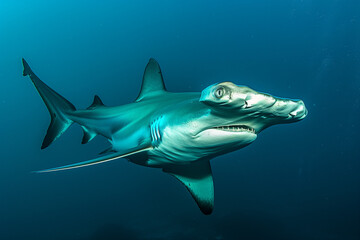 Obraz premium Hammerhead Shark Gliding Across Seabed in Blue Ocean Representing Aquatic Wildlife and Marine Predator Behavior