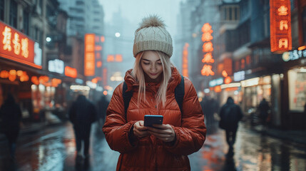 beautiful woman immersed in her phone, blurring out the surroundings, representing modern connection, digital engagement, and the evolving role of technology in our daily lives