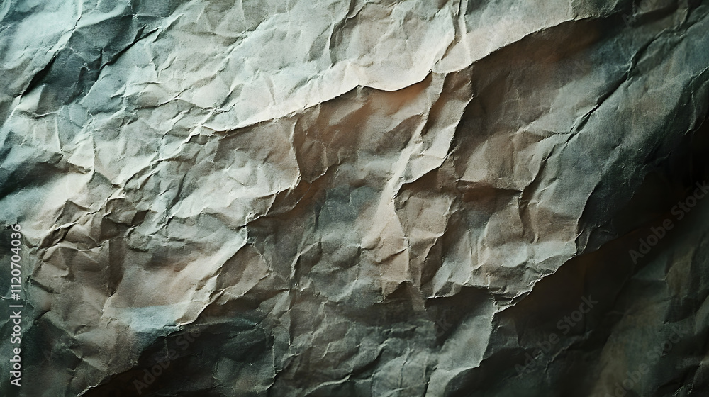 Poster close-up shot of crumpled dark brown and gray paper. the texture is rough and uneven, showing deep c