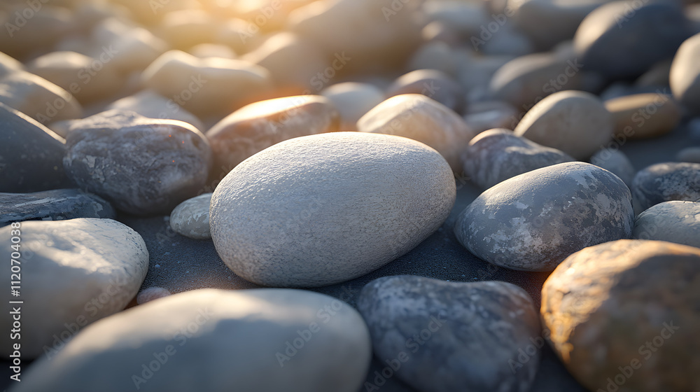 Poster close-up of smooth, gray and brown stones bathed in warm sunlight. the texture and subtle color vari