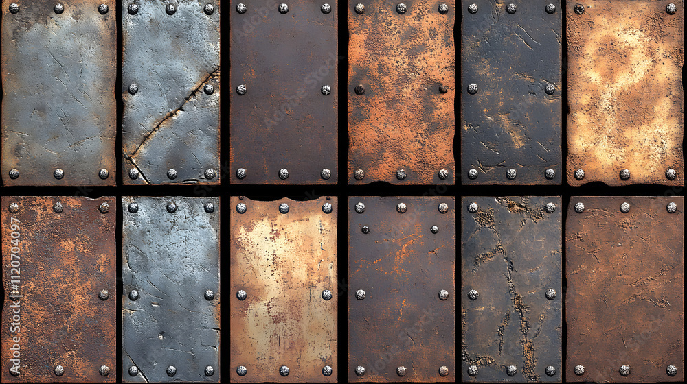 Poster twelve textured metal plates, showing various stages of rust and wear, are arranged in a grid patter