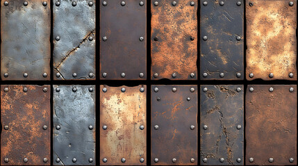 Fototapeta premium Twelve textured metal plates, showing various stages of rust and wear, are arranged in a grid pattern.