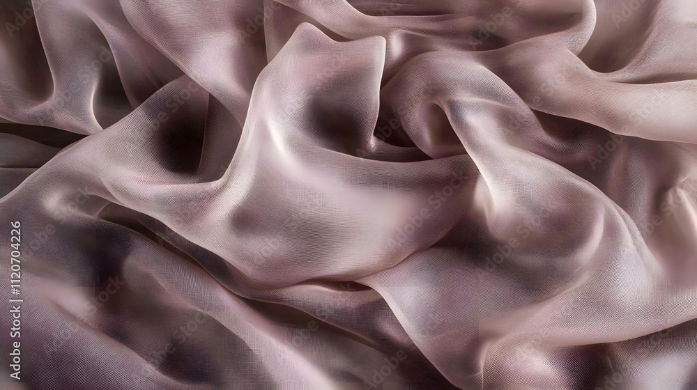 Poster close-up shot of draped mauve chiffon fabric. soft folds and subtle light create a luxurious, elegan