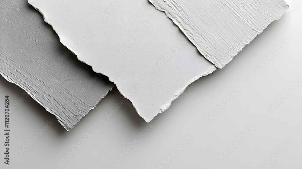 Poster three textured, torn pieces of paper in varying shades of gray overlap on a white background, creati