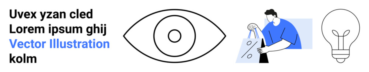 Eye symbol, man in blue interacting with control panel, light bulb icon. Ideal for technology, innovation, creativity, design, vision user interface and digital transformation themes. Landing page