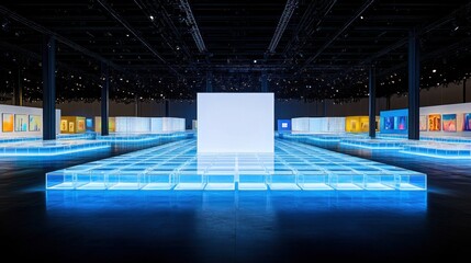 Modern art gallery interior with blue illuminated floor and blank cube.