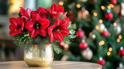 Beautiful Christmas arrangement with amaryllis flowers, green coniferous branches with a Christmas tree in the background