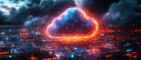 A glowing digital cloud over a circuit board landscape.