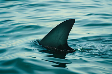 Fototapeta premium Shark Fin Emerging from Ocean Waters as a Dangerous Marine Predator Threatening Wildlife Near Beaches
