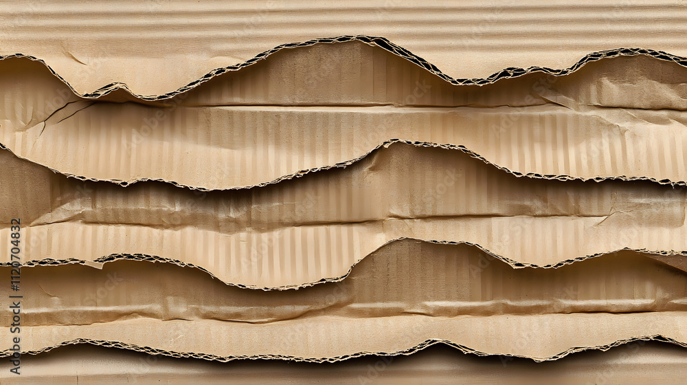 Poster close-up texture of crumpled corrugated cardboard. layers of brown cardboard with uneven, torn edges