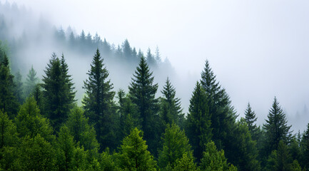 Obraz premium Lush green coniferous trees rise through a misty landscape, creating a serene and tranquil atmosphere in a fog-covered forest.