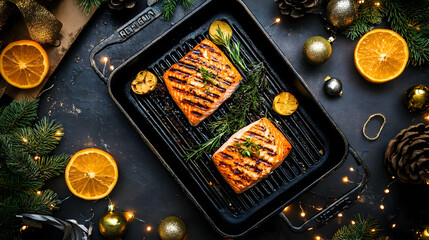 Grilled salmon fillets garnished with herbs and citrus, set in a festive arrangement.