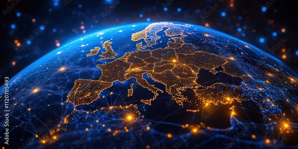 Poster futuristic digital globe of europe with network connections and soft lighting concept of global data