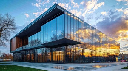 Obraz premium Modern glass building reflecting sunset.