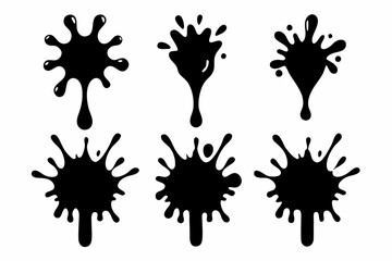 Set of 6 Brush Splashing Silhouettes – Abstract Vector Art,Set of black ink splashes and drops. Different handdrawn spray design elements. Blobs and spatters. Isolated vector illustration.