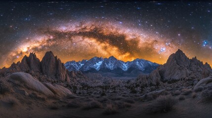 A stunning night sky panorama showcasing the Milky Way over rugged mountain landscapes.