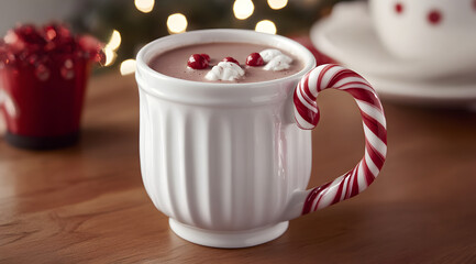Obraz premium A festive mug of hot chocolate topped with whipped cream and peppermint, perfect for holiday gatherings.