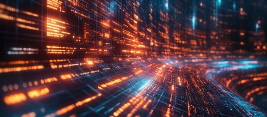 Abstract digital data stream, glowing lines and code.