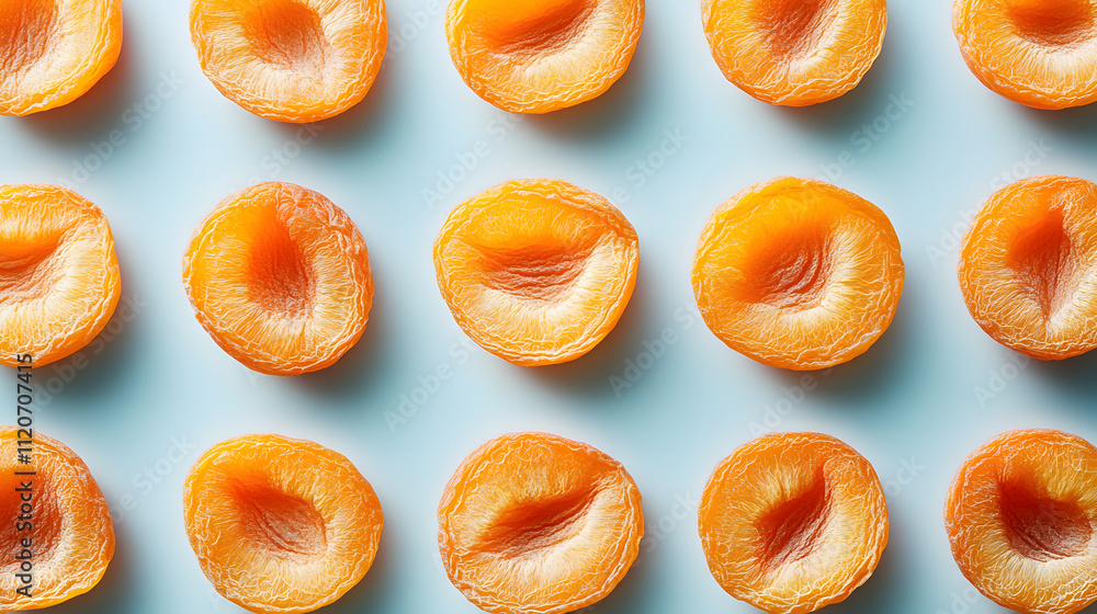 Poster overhead shot of dried apricots arranged in a neat pattern on a light blue background. the vibrant o