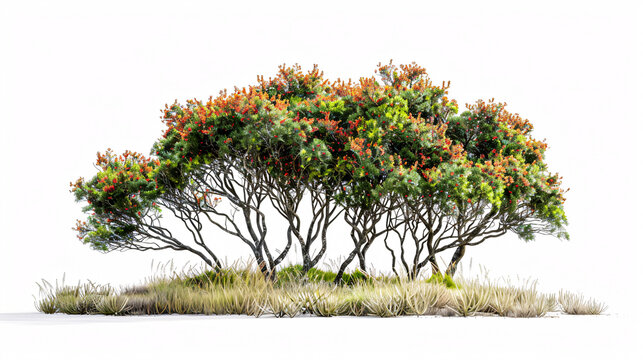 Pohutukawa, Common Rabbitbrush, and Acacia Trees: Isolated on a white background.