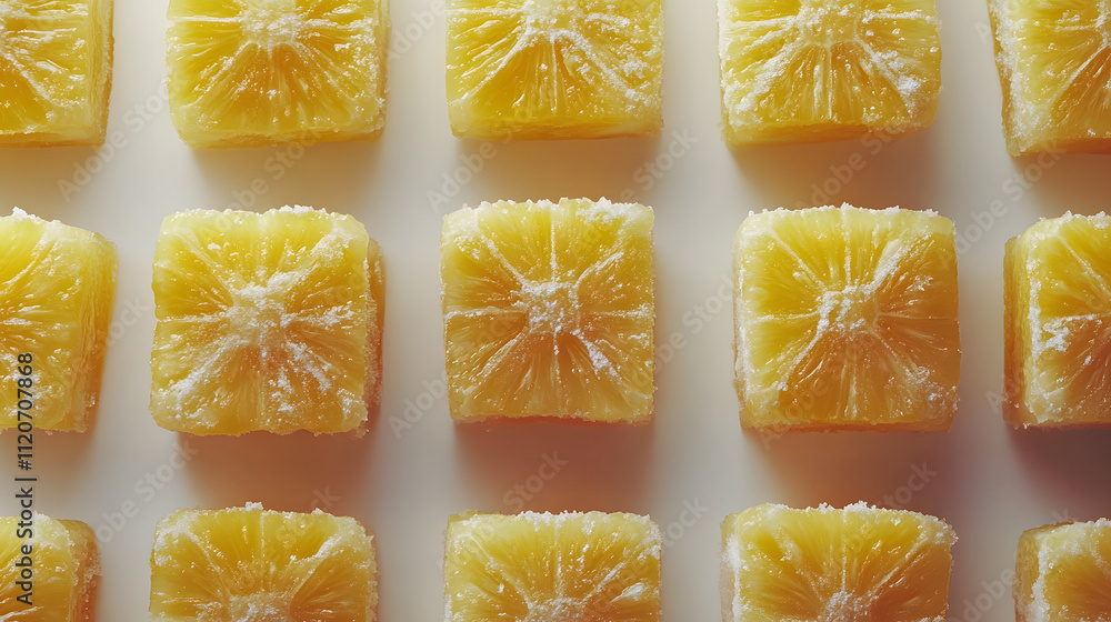 Poster overhead shot of several square pieces of candied pineapple arranged in neat rows.