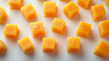 Close-up shot of numerous vibrant orange, cube-shaped fruit pieces arranged on a white background.  They appear juicy and possibly made of mango or similar fruit.