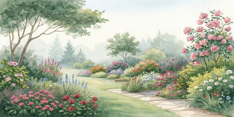 Naklejka premium Watercolor painting of a lush garden with vibrant flowers and foliage, watercolor gardens, greenery
