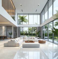 Fototapeta premium Modern luxury living room with high ceilings, large windows, and sectional sofa.