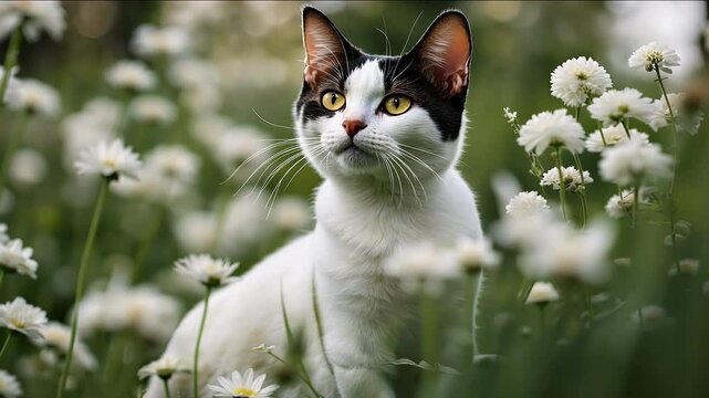 video of profil cat black and white face with flower