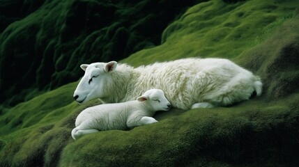Fototapeta premium Peaceful Sheep and Lamb Resting on Mossy Hillock 