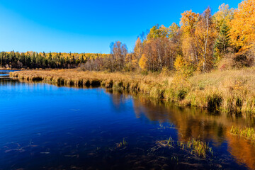 A lake with a blue sky in the background
