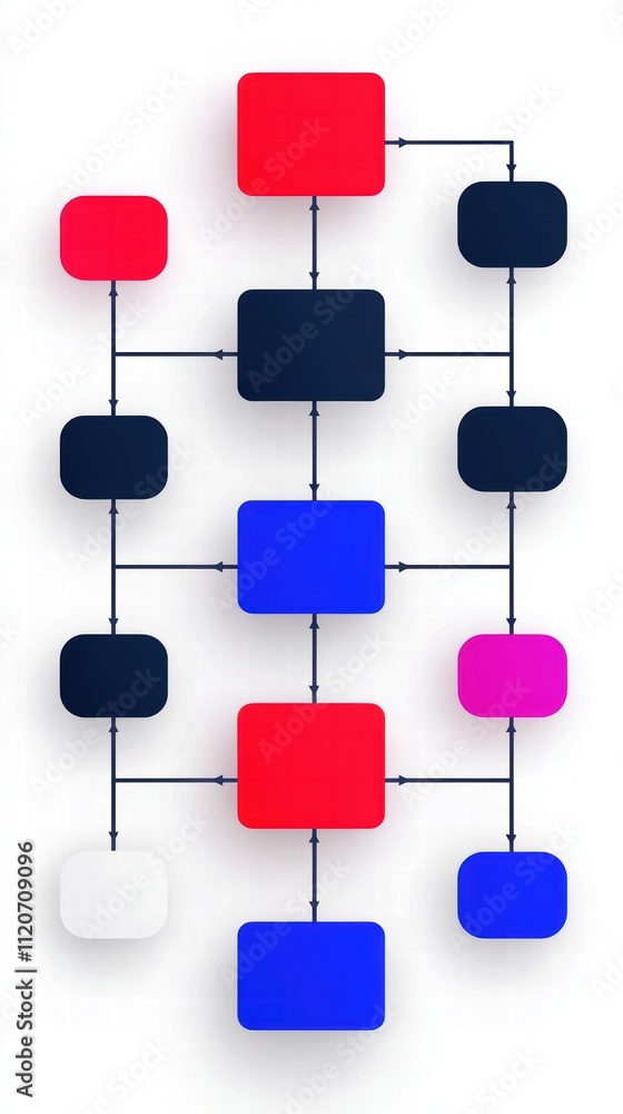 Poster a colorful flowchart with interconnected blocks, featuring red, blue, black, pink, and white squares