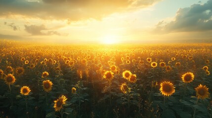 Fototapeta premium Sunlit sunflower field at sunset.