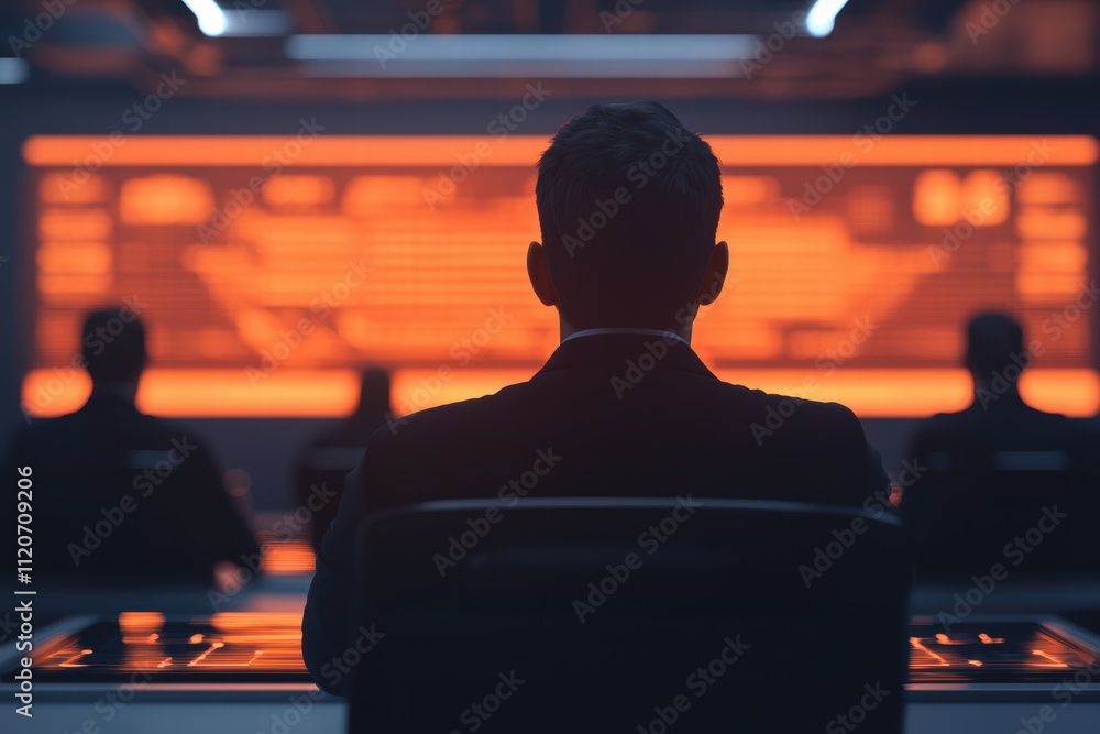 Poster a silhouette of a person in a suit sits before an illuminated screen, suggesting a high-tech command