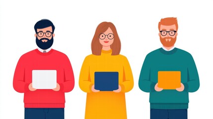 Obraz premium Three diverse individuals hold laptops, showcasing teamwork and technology in a modern, colorful illustration.