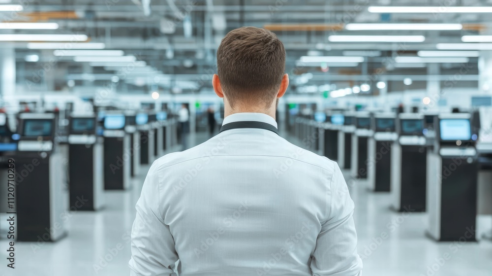 Poster a person stands facing a modern, high-tech workspace filled with numerous computer terminals and equ