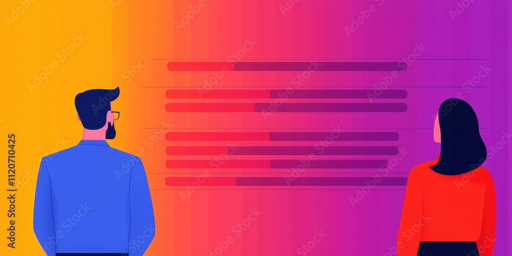 Poster two individuals observe a colorful digital display, highlighting a modern and engaging environment t