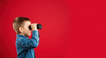 Obraz premium Caucasian boy in denim shirt using binoculars against red background