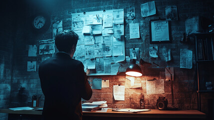 Investigative detective bulletin board, methodical crime investigation evidence office, analytical wall criminologist police message, mysterious intriguing complex, strategic meticulous thorough.